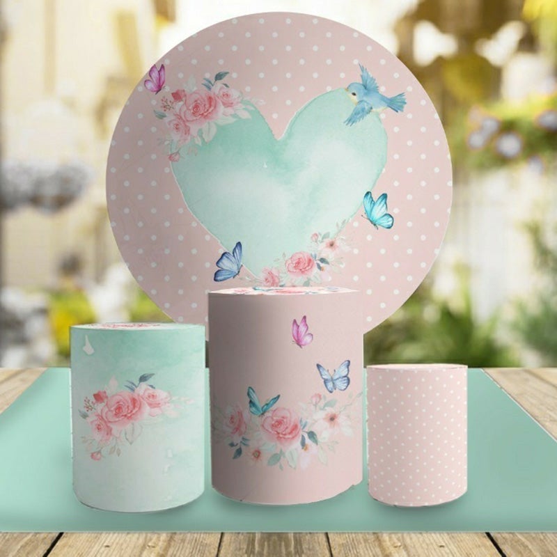 Lofaris Cyan Love Round Pink Floral Birthday Party Backdrop Kit