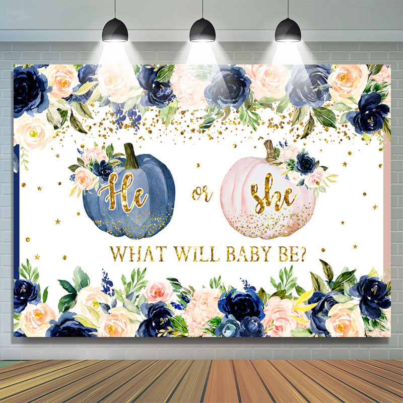 Lofaris Dark Blue And Light Pink Pumpkin Baby Shower Backdrop