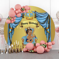 Lofaris Dark Blue Curtain Gold Round Happy Birthday Backdrop