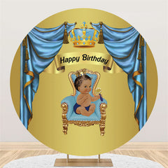 Lofaris Dark Blue Curtain Gold Round Happy Birthday Backdrop