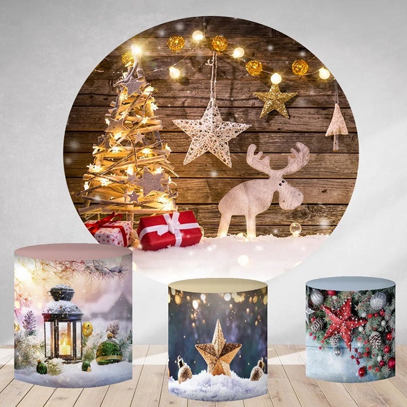 Lofaris Dark Grey Wood Light Star Trees Round Christmas Backdrop Kit