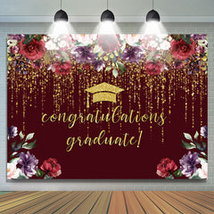 Lofaris Dark Red Floral Gold Glitter Congratulation Grad Backdrop