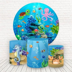 Lofaris Deep Sea Blue World Round Happy Birthday Backdrop Kit