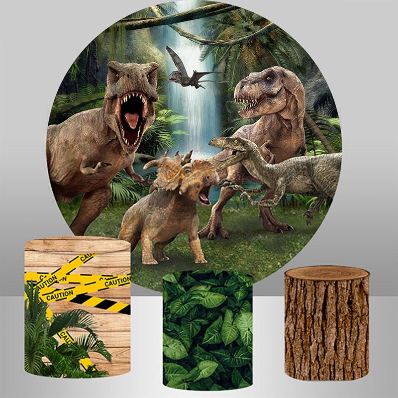 Lofaris Dinosaur And Waterfall Round Happy Birthday Backdrop