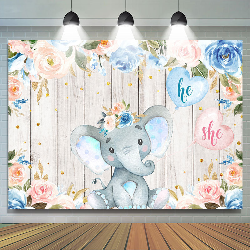 Lofaris Elephant And Floral Wooden Baby Shower Backdrop For Boy