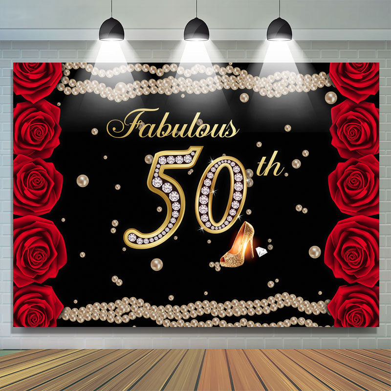 Lofaris Fabulous 50th Rose Pearls Birthday Backdrop for women