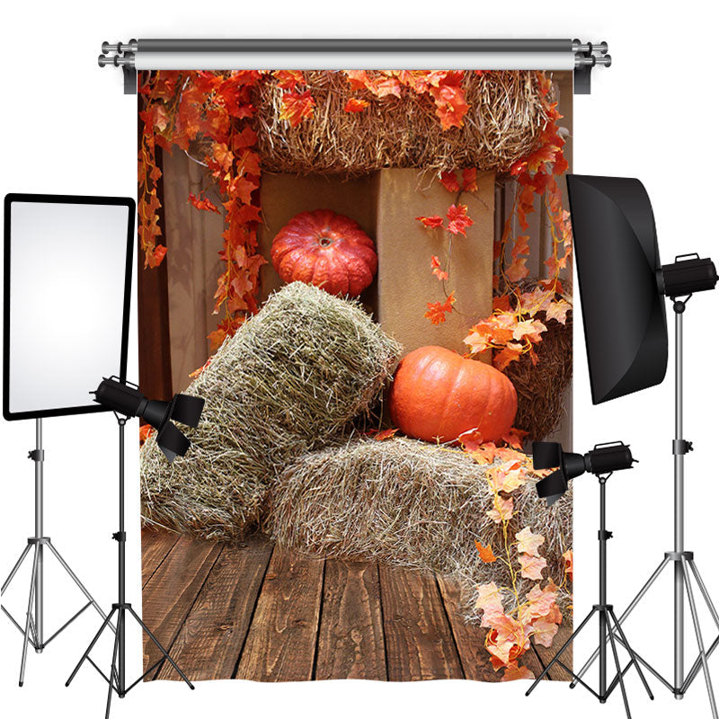 Lofaris Fall Leaves Pumpkin Wooden floor Photo Backdrop