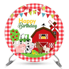 Lofaris Farmhouse Animals Red Lattice Round Birthday Backdrop