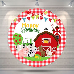 Lofaris Farmhouse Animals Red Lattice Round Birthday Backdrop