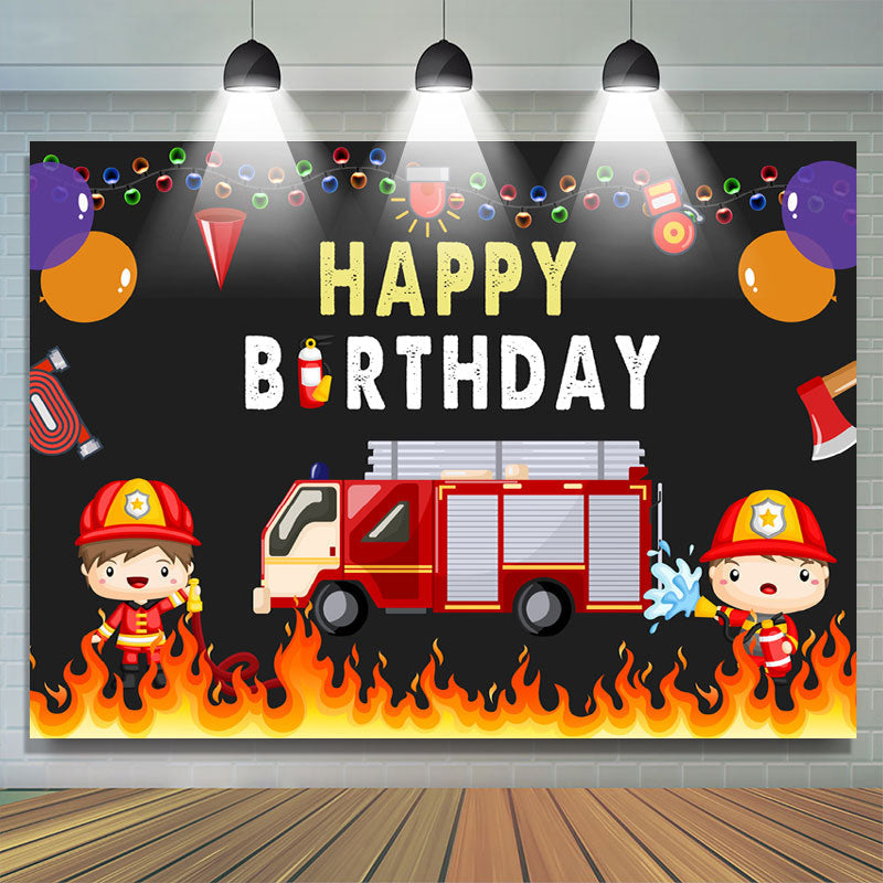 Lofaris Fire Truck Balloon Happy Birthday Backdrop For Boy