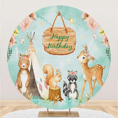 Lofaris Floral And Animals Happy Birthday Circle Backdrop