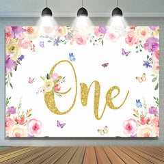 Lofaris Floral And Butterfly Glitter One Birthday Backdrop