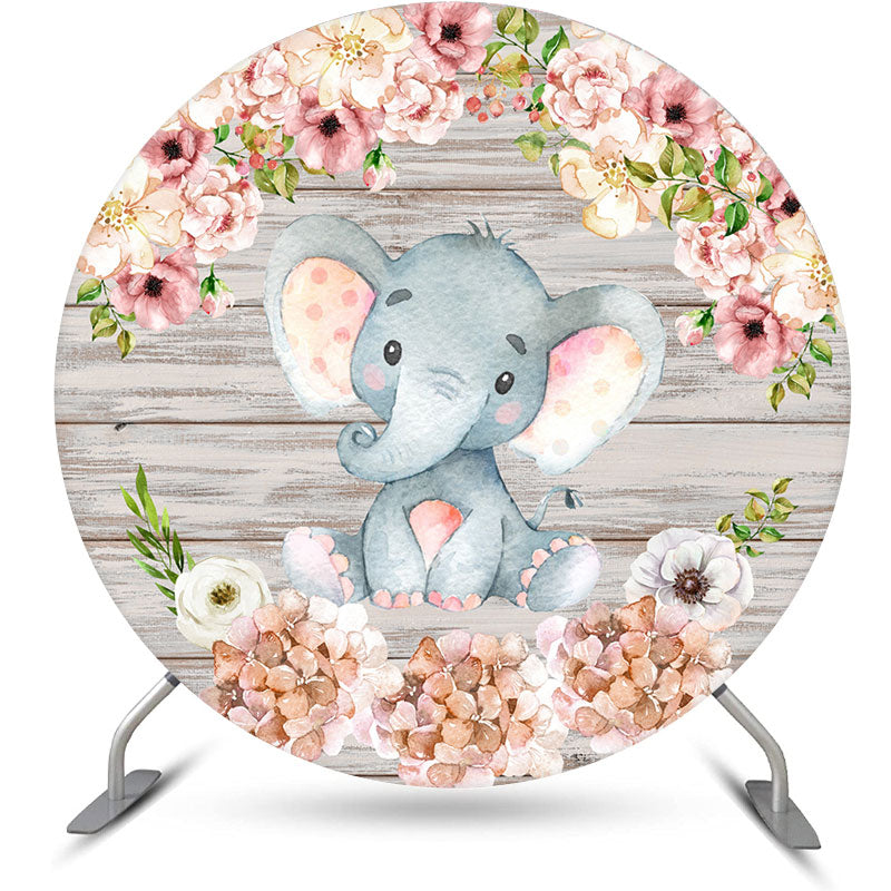 Lofaris Floral And Elephant Wood Baby Shower Round Backdrop