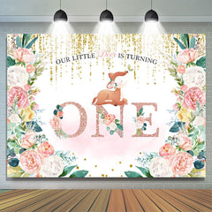 Lofaris Floral And Fox Gold Pink Glitter 1st Birthday Backdrop