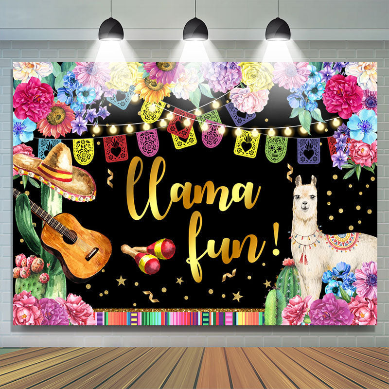 Lofaris Floral And Glitter Llama Fun Happy Birthday Backdrop