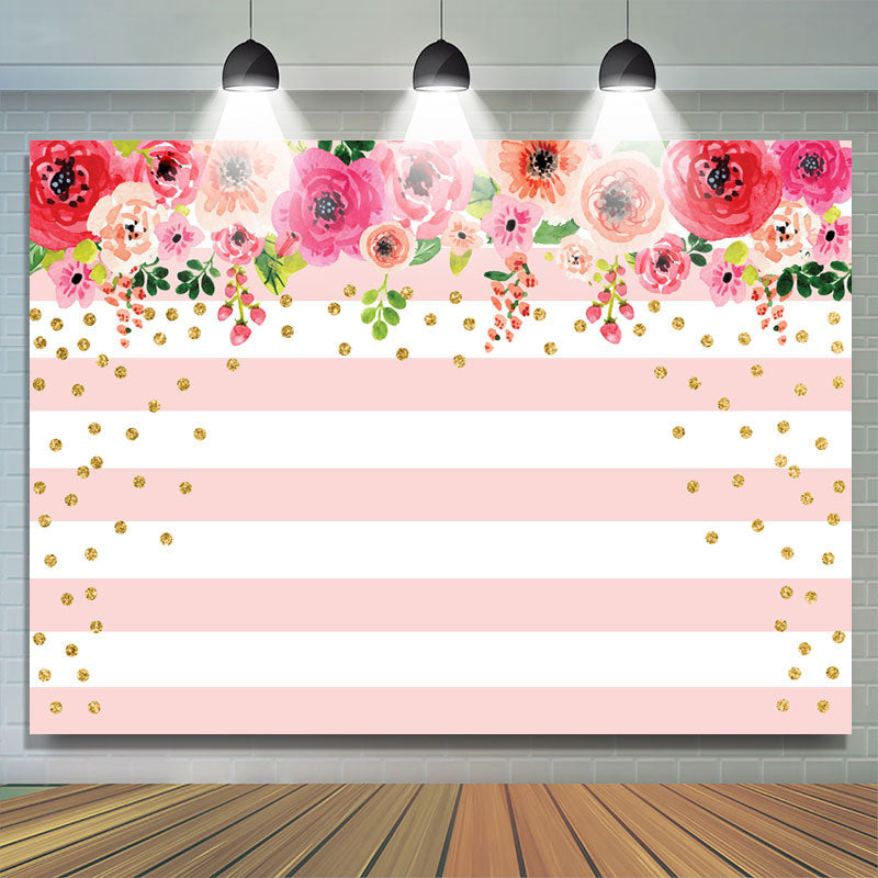 Lofaris Floral and Golden Dots Pink White Stripes Backdrop