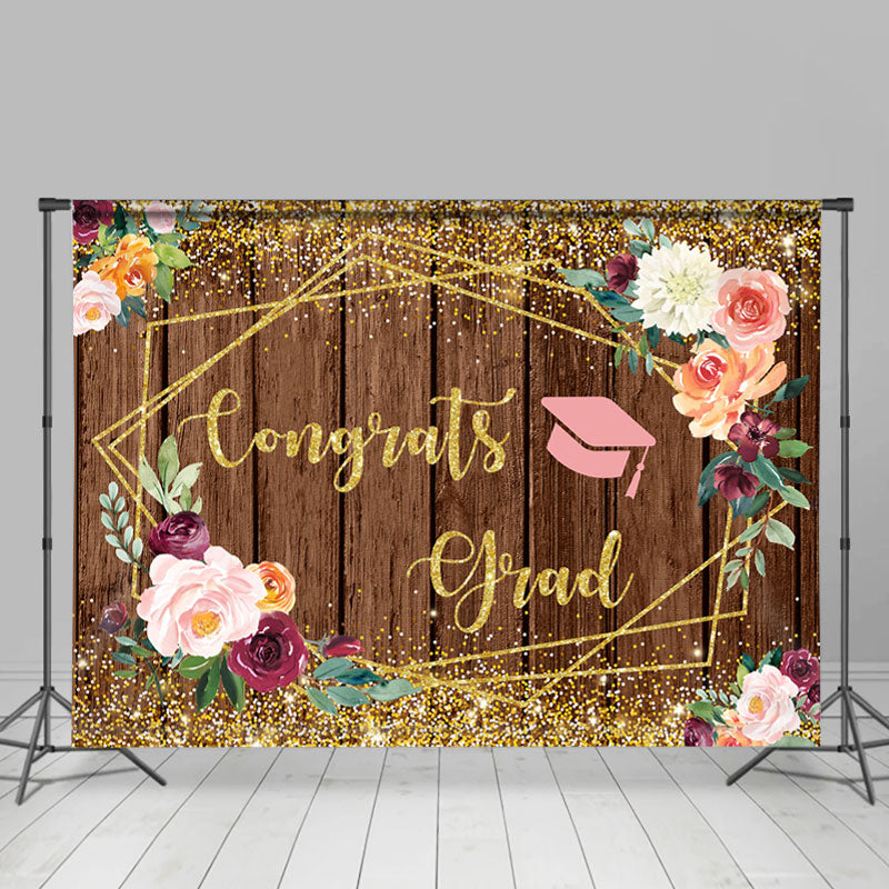 Lofaris Floral And Leaves Brown Wood Gold Glitter Grad Backdrop