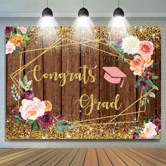 Lofaris Floral And Leaves Brown Wood Gold Glitter Grad Backdrop