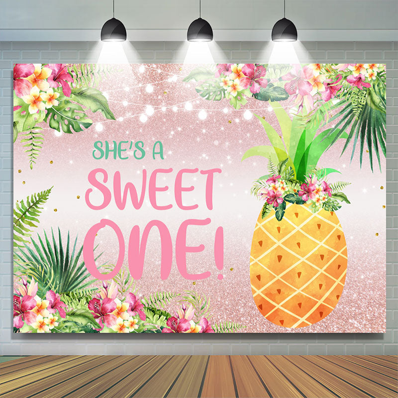 Lofaris Floral And Pineapple Pink Glitter 1st Birthday Backdrop