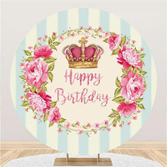 Lofaris Floral And Pink Crown Circle Happy Birthday Backdrop