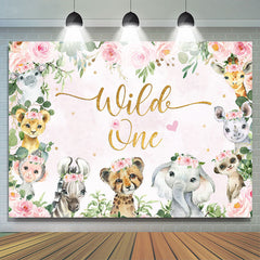 Lofaris Floral Animals Wild One Pink Happy Birthday Backdrop