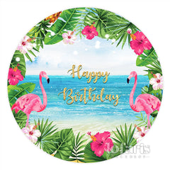 Lofaris Floral Beach And Flamigo Happy Birthday Round Backdrop