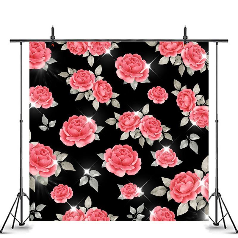 Lofaris Floral Black Glitter Photo Backdrop for Party Decor