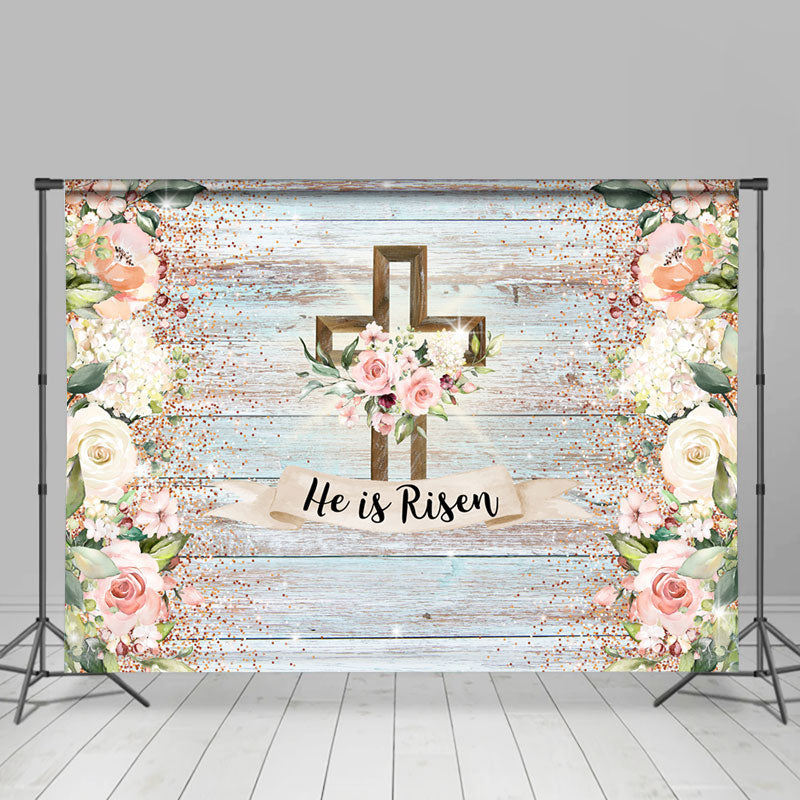 Lofaris Floral Cross He Is Risen Happy Easter Backdrop