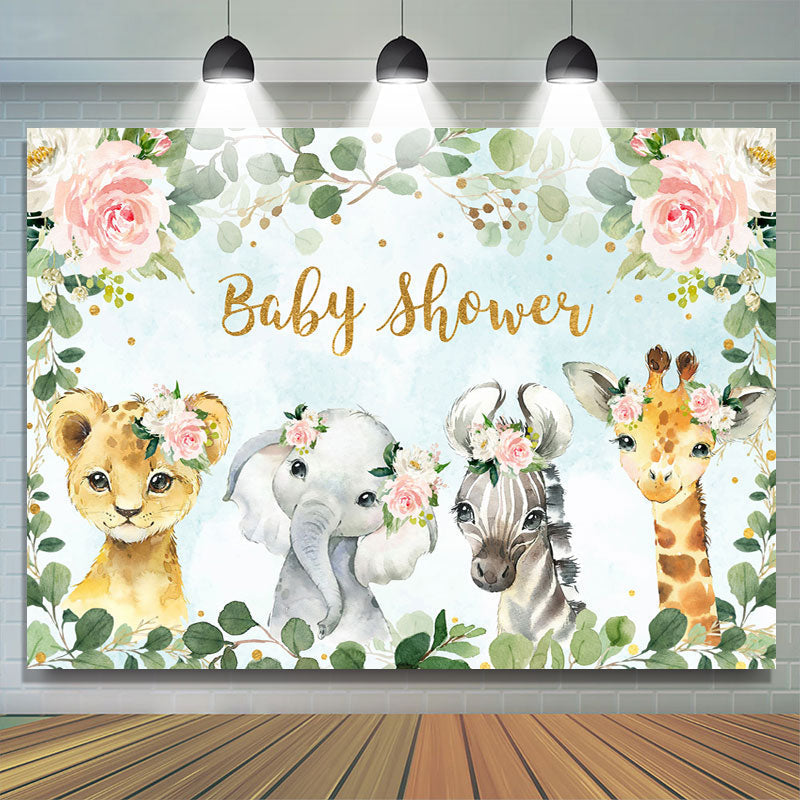 Lofaris Floral Green Leaves Animals Baby Shower Backdrop for Girls