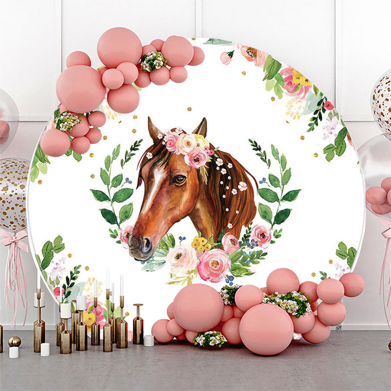 Lofaris Floral Horse Round Birthday Party Backdrop Cover