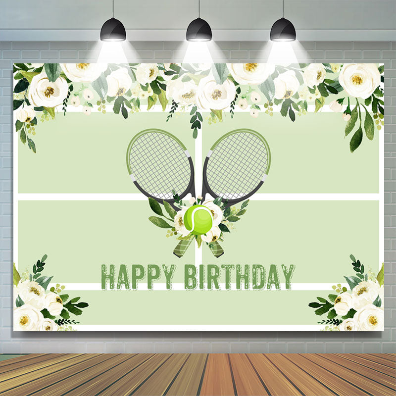 Lofaris Floral Lawn Tennis Ball Green Happy Birthday Backdrop