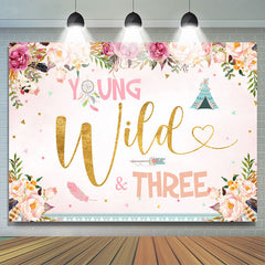 Lofaris Floral Young Wild three Happy 3rd Birthday Backdrop