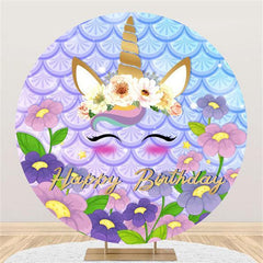 Lofaris Flower And Cute Unicorn Circle Happy Birthday Backdrop