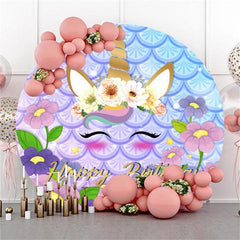 Lofaris Flower And Cute Unicorn Circle Happy Birthday Backdrop