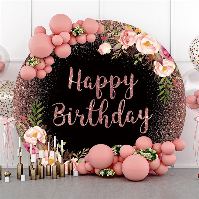 Lofaris Flower Pink Glitter Happy Birthday Circle Backdrop