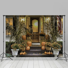 Lofaris Flowers Pumpkin Plant Door Wood Steps Fall Festive Backdrop