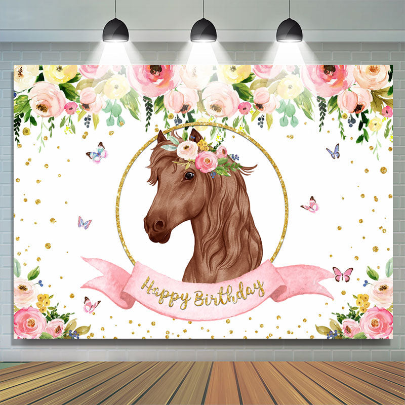 Lofaris Flowers roses butterfly horse happy birthday Backdrop