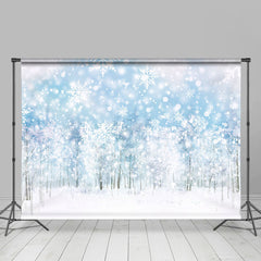Lofaris Glitter And Blue Snowflakes White Woods Backdrop for Winter