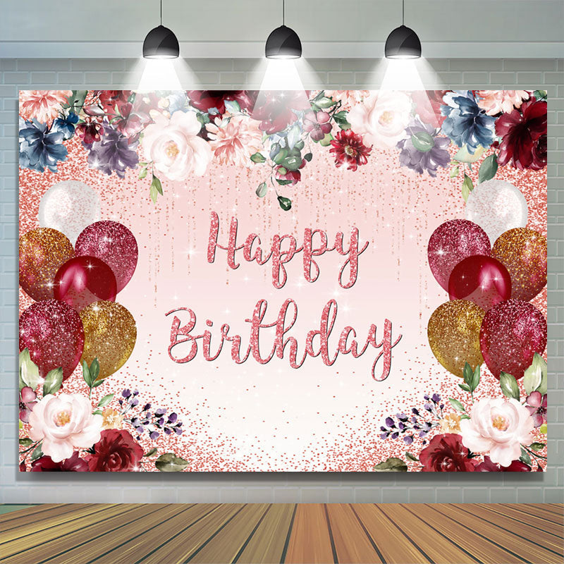 Lofaris Glitter Balloons And Floral Happy Birthday Backdrop