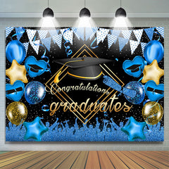 Lofaris Glitter Blue And Golden Balloon Flag Graduates Backdrop