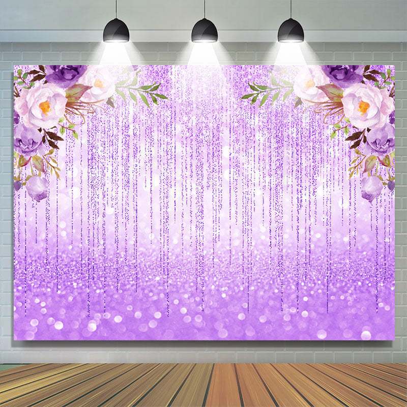 Lofaris Glitter Bokeh Purple Lines And Flower Birthday Backdrop