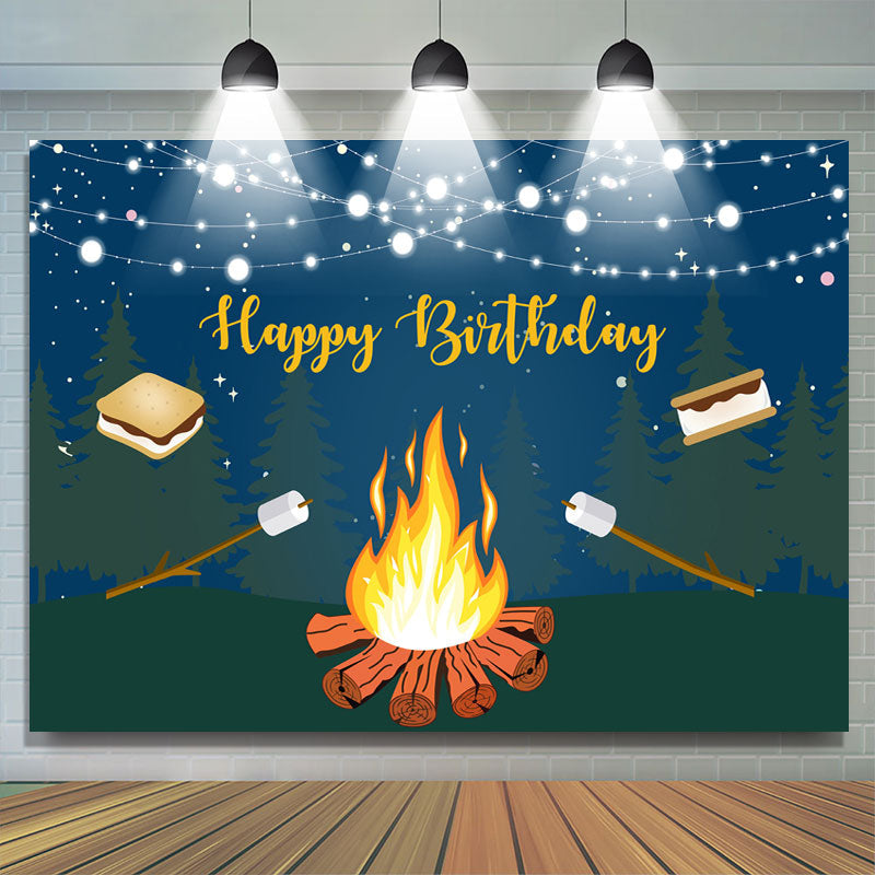 Lofaris Glitter Forest Night With Bbq Happy Birthday Backdrop