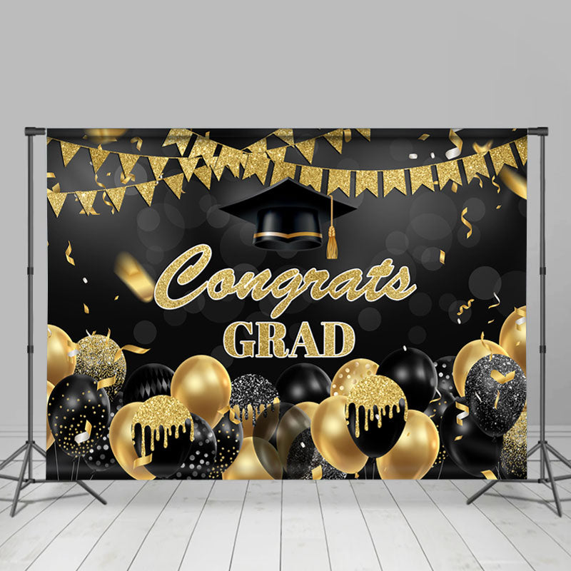 Lofaris Glitter Gold Black Balloon Flag Congrategrad Backdrop