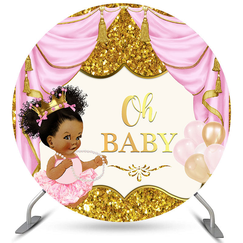 Lofaris Glitter Gold Hot Pink Girl Round Baby Shower Backdrop