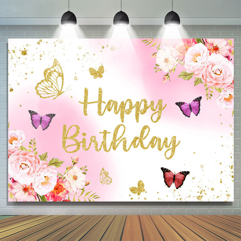 Lofaris Glitter Pink Golden Floral Butterfly Birthday Backdrop