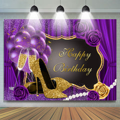 Lofaris Glitter Purple And High Heels Happy Birthday Backdrop