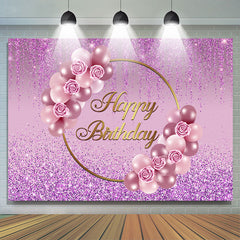 Lofaris Glitter Purple Rose And Balloon Happy Birthday Backdrop