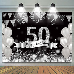 Lofaris Glitter Silver Balloons 50th Happy Birthday Backdrop