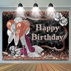 Lofaris Glitter Silver Rose Golden Happy Birthday Backdrop