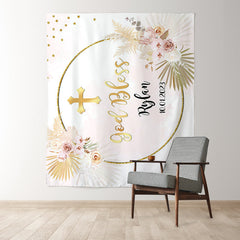 Lofaris God Bless Golden Wreath Floral Glitter Bridal Shower Backdrop